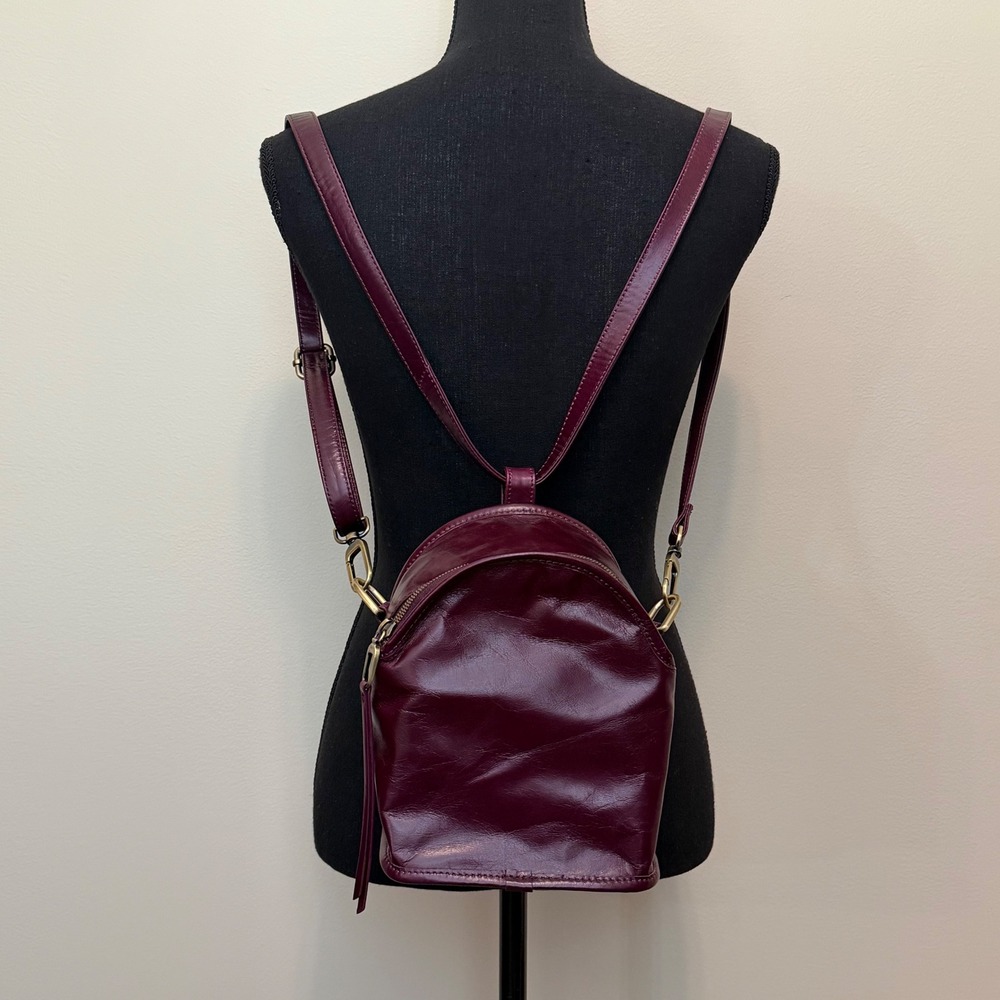 Hobo Mini Backpack Plum Burgundy Glossy Leather Convertible Sling Bag Crossbody